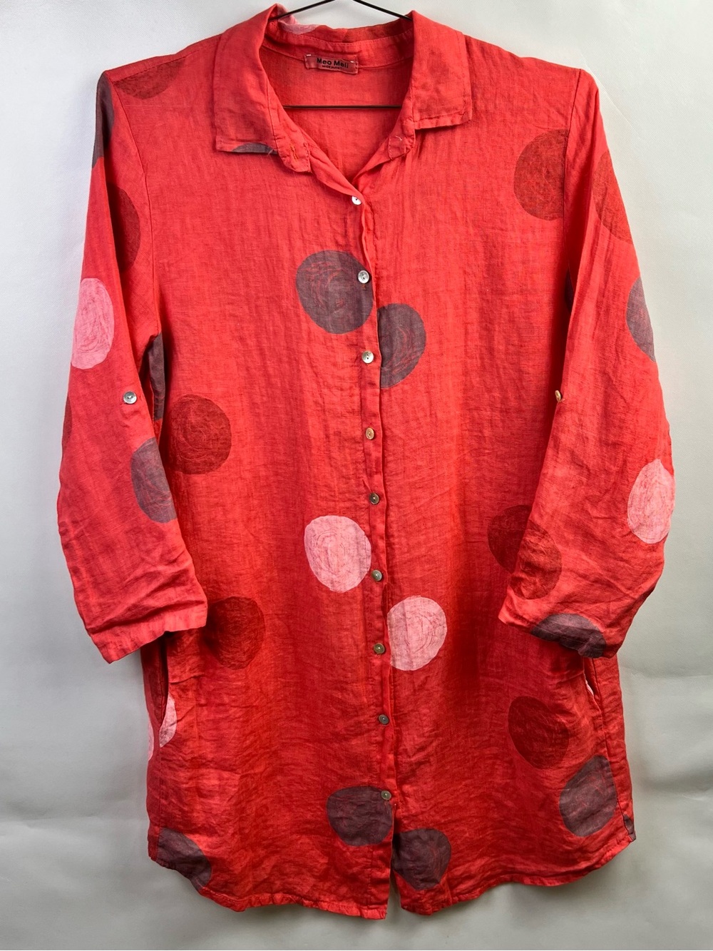 Meo Meli Women Polka Dot 100% Linen Pockets Tunic Shirt Dress One Size